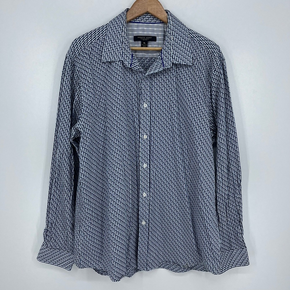 Pronto Uomo Mens XL Blue Geometric Basketweave Long Sleeve Cotton Button Down